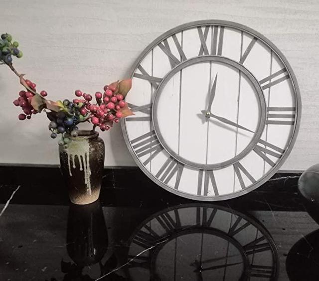 Alt view image 5 of 7 - Large Farmhouse Wall Clocks Metal Frame&Natural Wood Art Distressed Old-Fashioned,18 Inch Rustic Wall Decorative Clock for Living Room,Office,Cafes,Bar (Burlywood, 18 Inch)