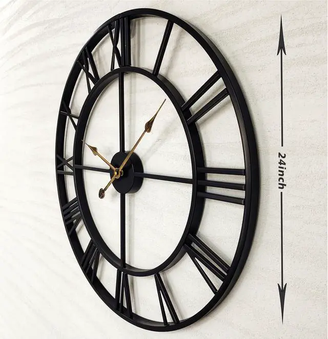 Alt view image 3 of 7 - Mrocioa 24 inch Thicken & Heavy Large Metal Wall Clocks for Living Room Decor Large Decorative Clock Oversized,Big Roman Numeral Non Ticking (Black)