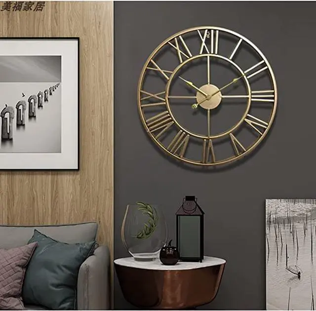 Alt view image 4 of 6 - Mrocioa 24 inch Thicken & Heavy Large Metal Wall Clocks for Living Room Decor Large Decorative Clock Oversized,Big Roman Numeral Non Ticking (Gold))