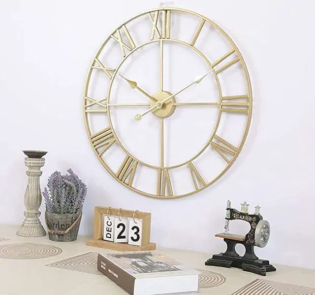 Alt view image 2 of 6 - Mrocioa 24 inch Thicken & Heavy Large Metal Wall Clocks for Living Room Decor Large Decorative Clock Oversized,Big Roman Numeral Non Ticking (Gold))