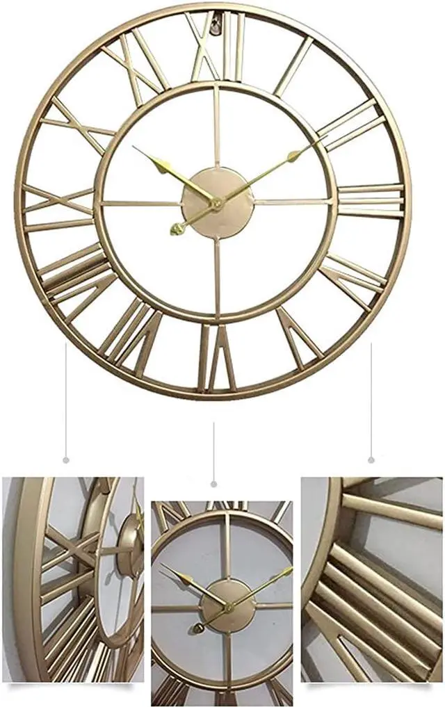 Alt view image 5 of 6 - Mrocioa 24 inch Thicken & Heavy Large Metal Wall Clocks for Living Room Decor Large Decorative Clock Oversized,Big Roman Numeral Non Ticking (Gold))