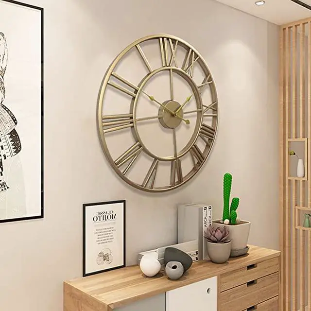 Main image of Mrocioa 24 inch Thicken & Heavy Large Metal Wall Clocks for Living Room Decor Large Decorative Clock Oversized,Big Roman Numeral Non Ticking (Gold))