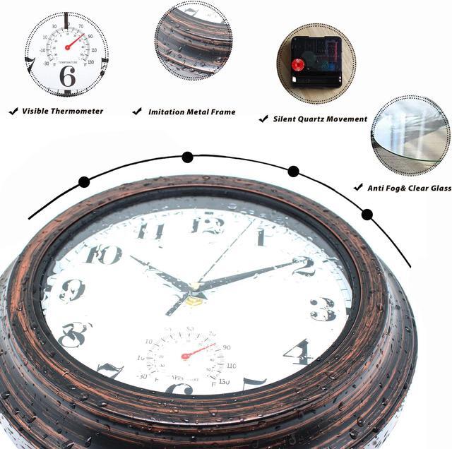 Alt view image 7 of 7 - 12 Inch Indoor Outdoor Clock Thermometer Combo Waterproof Wall Clocks for Patio Garden Bathroom Bedroom,Weather Resistant,Non-Ticking,Battery Operated