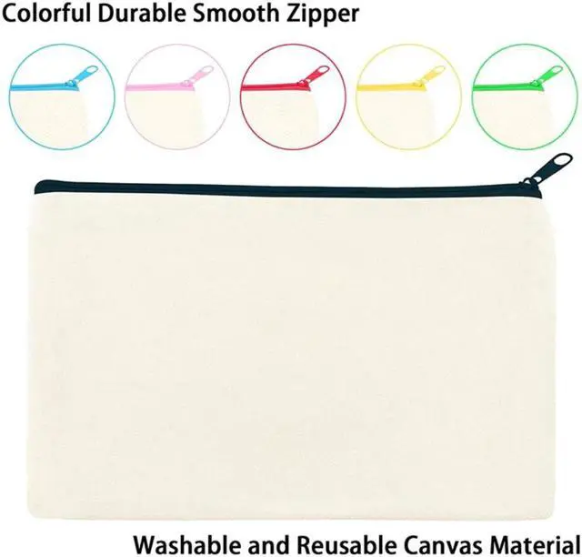 Alt view image 3 of 4 - 12 Pack Blank Canvas Makeup Bag,Bulk Cosmetic Bags with Multi-Color Zipper,Canvas Zipper Pencil Case Pouch,DIY Craft