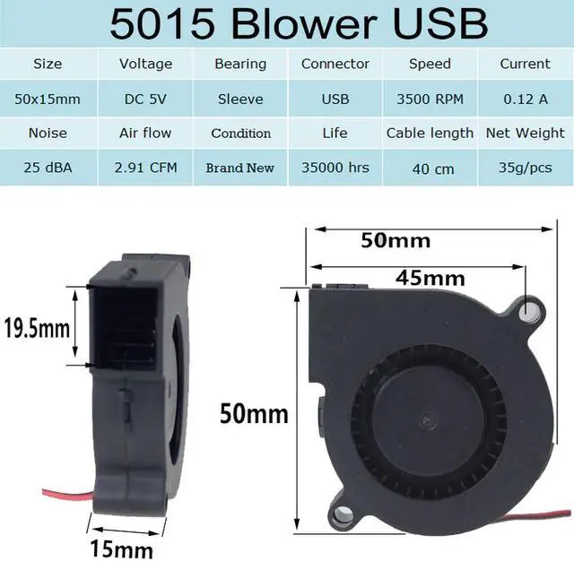 Alt view image 6 of 6 - 100pcs Gdstime 50mm x 15mm 50*15MM 5V USB Brushless DC Cooling Exhaust Blower Fan 5015S