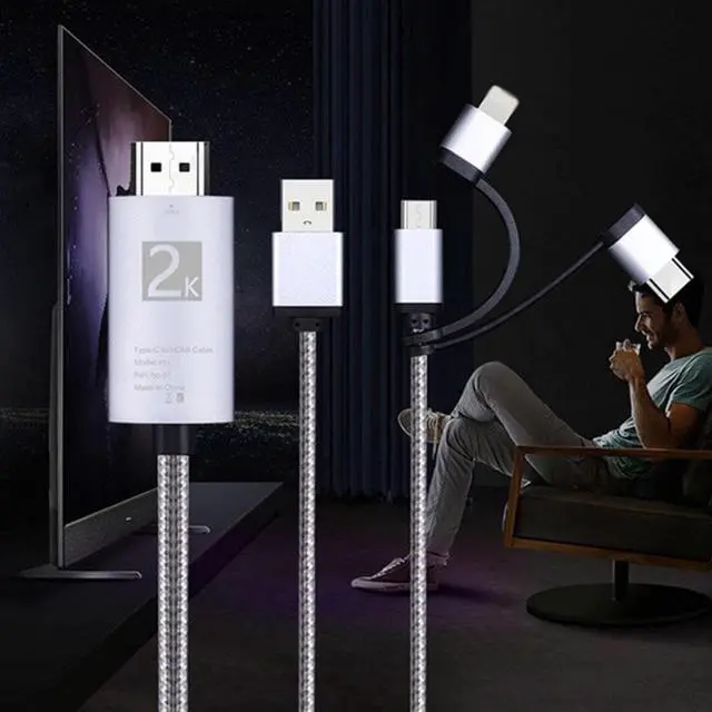 Alt view image 2 of 4 - Micro-USB TYPE C to HDMI 3 in 1 2K HDTV TV Connector USB Adapter Cable for Monitor iPhone iPad Android Smartphone