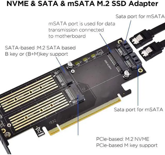 Alt view image 5 of 5 - 3 in 1 M.2 and MSATA SSD Adapter Card SSD to PCIE Adapter, MSATA to SATA Adapter with Aluminum Heat Sink for Windows OS