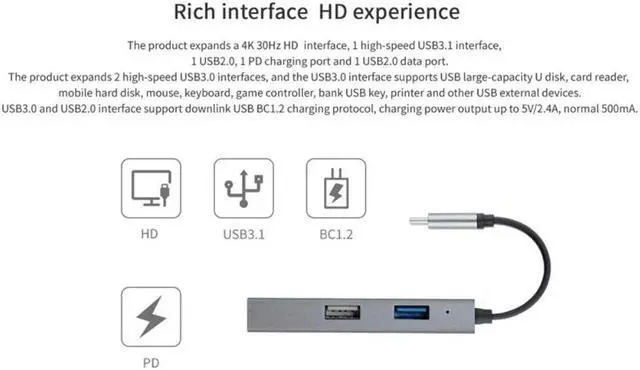 Alt view image 3 of 3 - 5 in 1 USB C Hub Type C to HDMI-Compatible 4K 30HZ+PD+USB C 2.0 +USB3.0X1+USB2.0X1 Multi-Port Adapter Hub