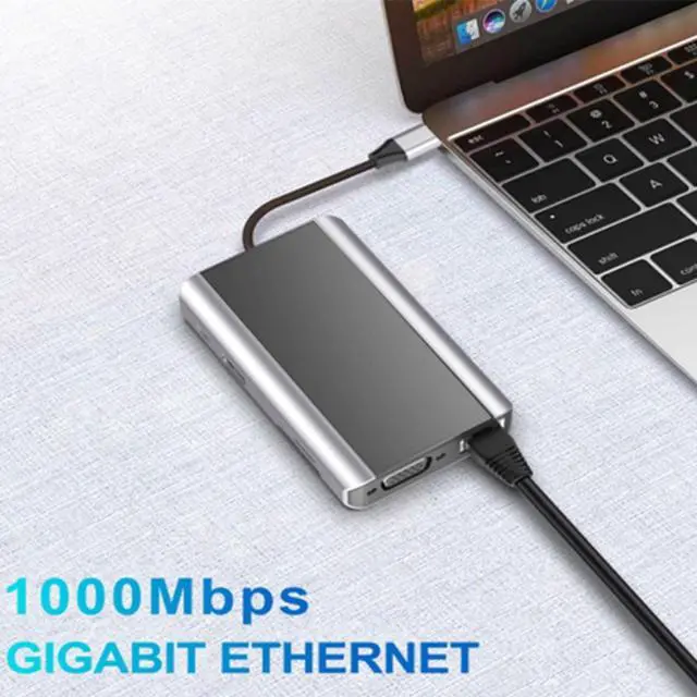 Alt view image 2 of 3 - USB C HUB 9-in-1 Multiport Adapter with 3USB 3.0 Ports 4K HDMI SD/TF Card Slots for Type C Laptops Samsung Huawei Phone