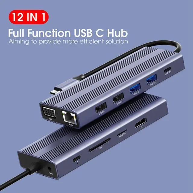 Alt view image 2 of 3 - USB C Hub, 12-in-1 Adapter with Ethernet, 4K USB C to HDMI-Compatible,VGA,2 USB 3.0 2 USB 2.0,TF Card Reader,Microphone