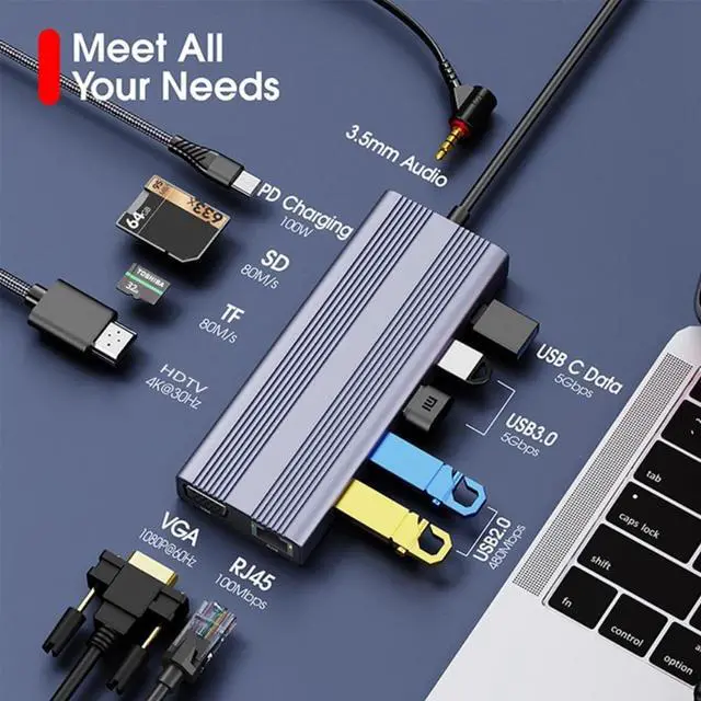 Alt view image 3 of 3 - USB C Hub, 12-in-1 Adapter with Ethernet, 4K USB C to HDMI-Compatible,VGA,2 USB 3.0 2 USB 2.0,TF Card Reader,Microphone