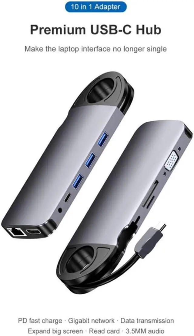 Alt view image 2 of 3 - USB C Hub Docking Station 10 In 1 4K@30Hz HDMI-Compatible VGA PD 60W USB 3.0 RJ45 Gigabit Multiport Adapter For Laptop