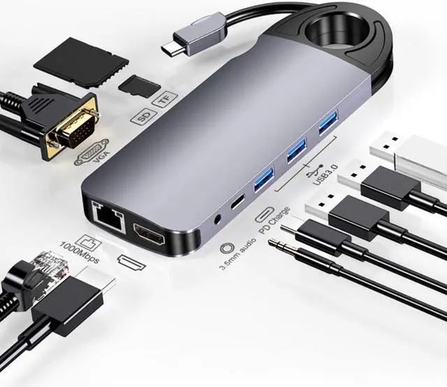 Alt view image 3 of 3 - USB C Hub Docking Station 10 In 1 4K@30Hz HDMI-Compatible VGA PD 60W USB 3.0 RJ45 Gigabit Multiport Adapter For Laptop