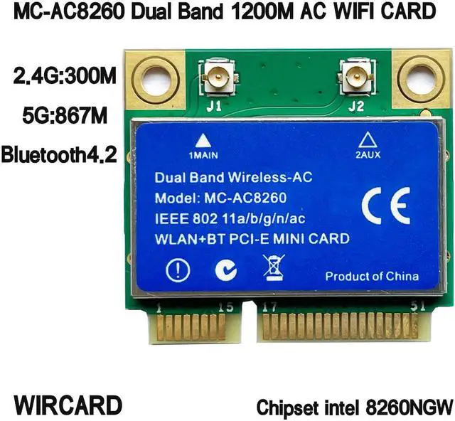 Main image of MC-AC8260 Dual Band 1200M WIFI CARD 802.11ac BT 4.2 MINI PCI-E 2.4G/5G for intel 8260NGW 8260D2W