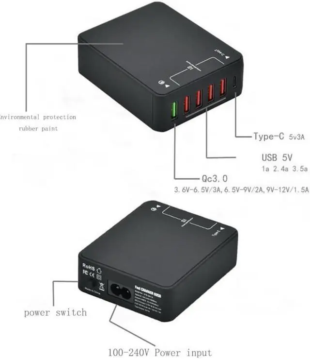 Alt view image 2 of 3 - Compact Size 6 Ports QC3.0 Multiple Smart Charger Adapter Q8118 Fast Charging Charger For Iphone For Samsung Black