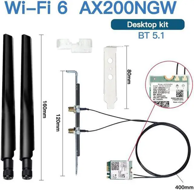 Alt view image 2 of 3 - Wireless WiFi 6 AX200NGW M.2 Desktop Kit Network Card Adapter 3000Mbps Dual Band BT5.1 NGFF 2230 WiFi Card