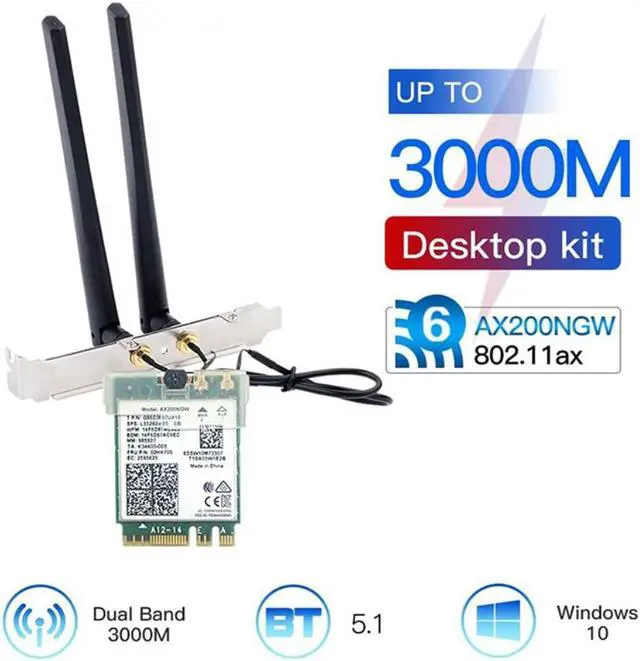 Alt view image 3 of 3 - Wireless WiFi 6 AX200NGW M.2 Desktop Kit Network Card Adapter 3000Mbps Dual Band BT5.1 NGFF 2230 WiFi Card