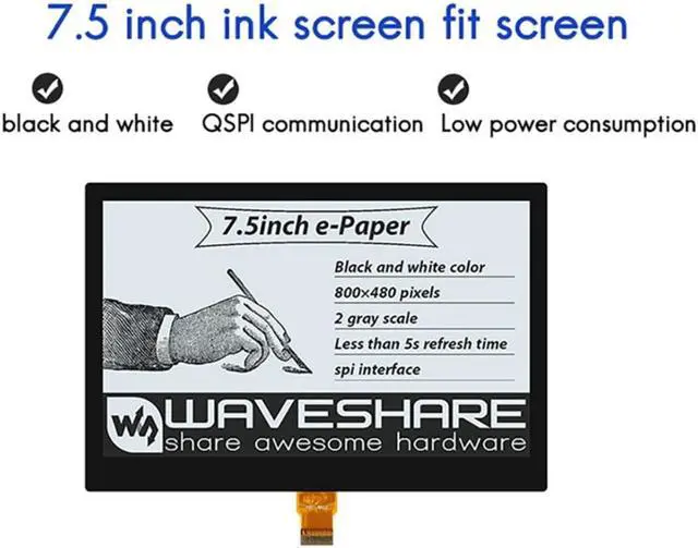 Alt view image 2 of 3 - Waveshare Electronic Ink Screen 7.5-Inch E-Paper Full-Fit Screen Global Refresh Black And White Two-Color E-Ink Ink Screen