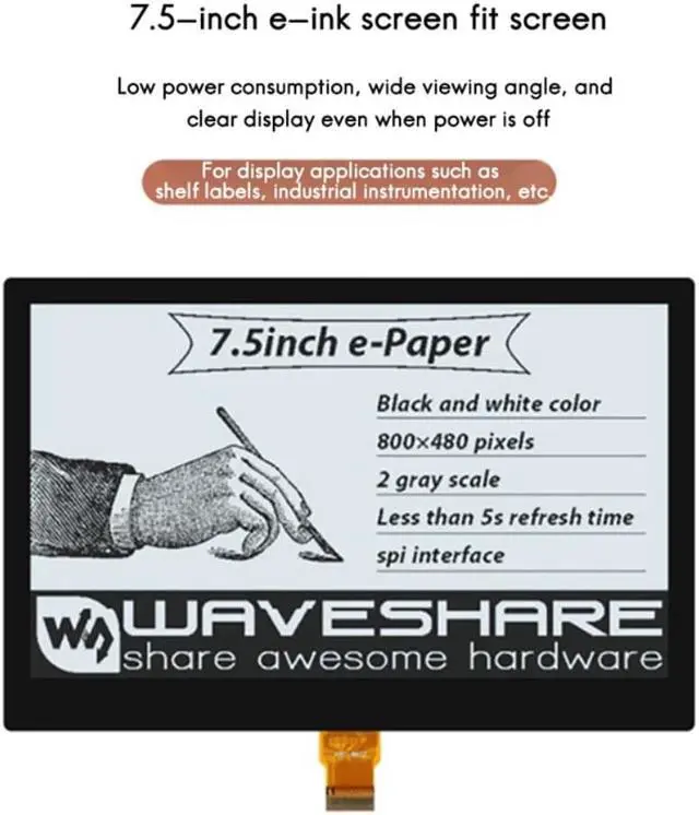 Alt view image 3 of 3 - Waveshare Electronic Ink Screen 7.5-Inch E-Paper Full-Fit Screen Global Refresh Black And White Two-Color E-Ink Ink Screen
