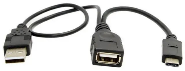 Main image of Generic USB 3.1 type-c USB male to USB 2.0 female OTG adapter cable connected to USB drive with power supply data cable
