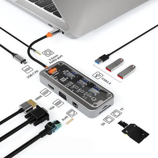 Main image of usb c hub 10 in 1 docking station Type-C to PD Video Output USB3.0*3 SD TF ethernet RJ45 1000M VGA AUDIO3.5mm For Type-C Laptop