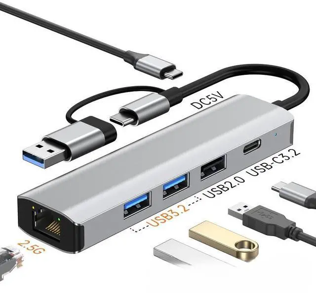 Main image of Type-C USB 2-in-1 Gigabit Wired Network Card Connector Adapter for Laptop and Tablet USB to Ethernet 2.5
