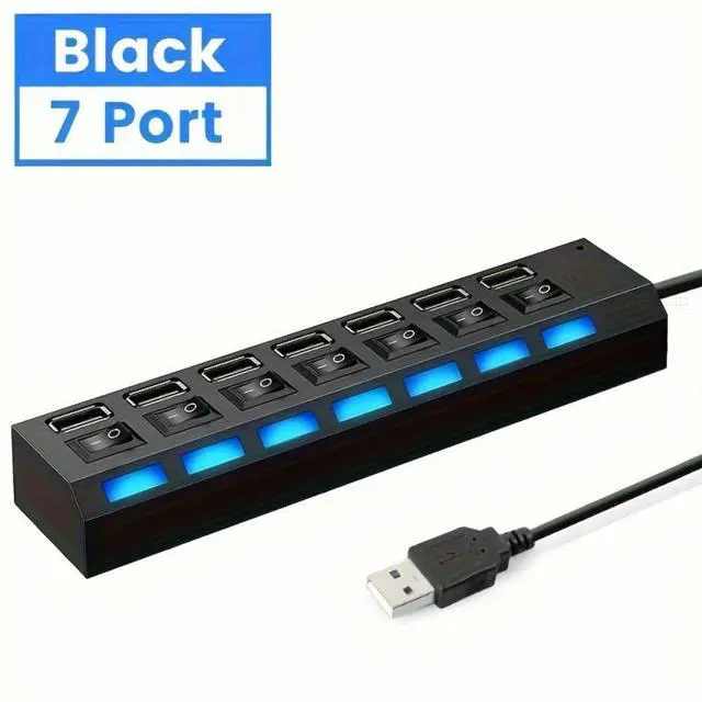 Main image of 7-Ports USB 2.0 Splitter, 5Gbps High Speed USB Hub with LED Light and On/Off Switch, Mini Portable Multiport Expander for Laptop