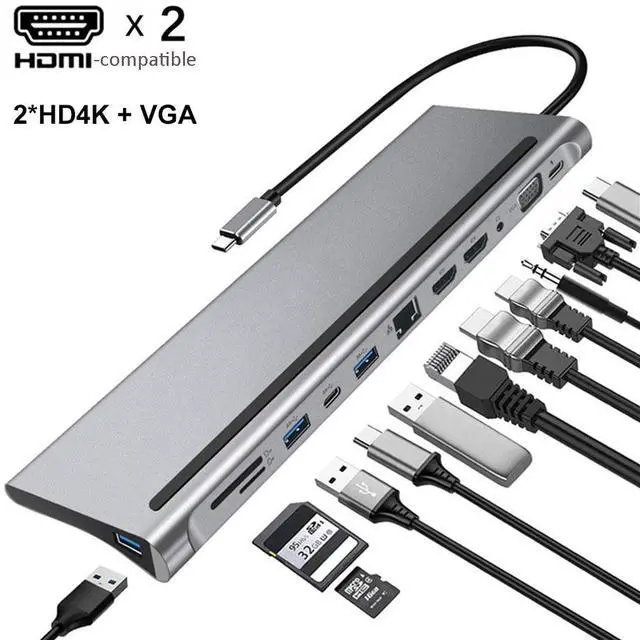 Main image of 12-in-1 MST USB C Docking Station Hub Multi 3.0 CType A Video Output DP Concentrator Extension RJ45 Adapter Dock Laptop