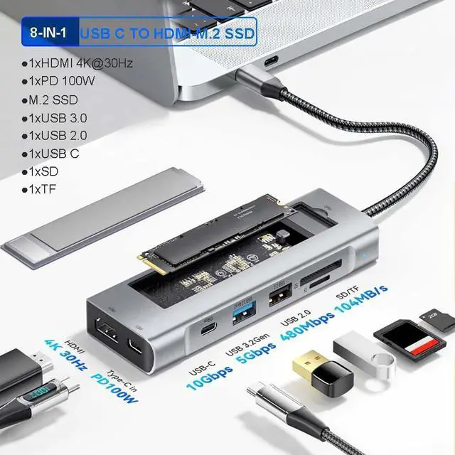 Main image of 12-in-1 M.2 SSD Enclosure Hub USB C Docking Station USB HUB TYPE C to Video Output Adapter 4K60Hz 1000Mbps PD100W USB3.0 For Type-C Laptop