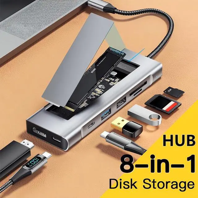 Main image of 8-IN-1 USB HUB With Disk Storage Function PD100W USB C to Video Output M.2 SSD HUB Dock Station For Type-C Laptop