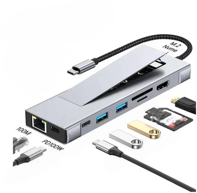 Main image of USB C Hub with Disk Storage Function M.2 NVMe SSD Hub Type-C to RJ45 Video Output Adapter PD100W USB 3.2 Splitter for Laptop