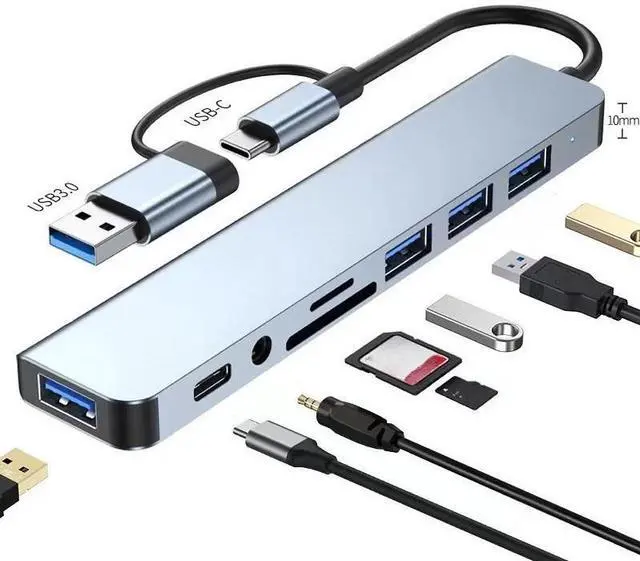 Main image of 8 in 2 USB +Type C Hub Docking Station with 3.5mm Audio Jack Adapter Micro Sd Card Reader Laptop Tablet Phone Disk Converter
