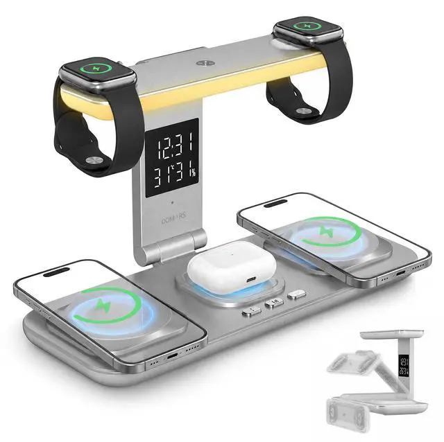 Main image of 5 in 1 Foldable Wireless Charger Touch Night Light Clock Temp Humidity for Type-C Phone Watch AirPods Travel Charging Station
