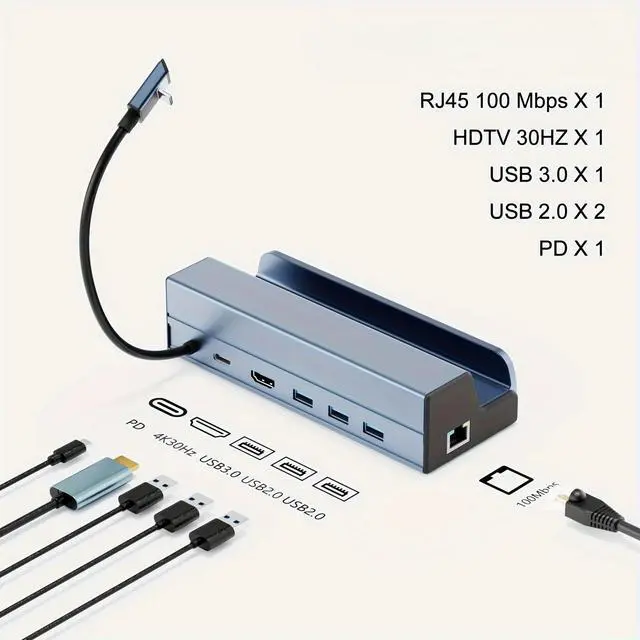 Main image of Gaming Handheld Dock 6 in 1 Gaming Handheld 2023 Docking Station Stand 3*USB 3.0 HDTV 4K@60Hz Gigabit Ethernet PD 100W Hub