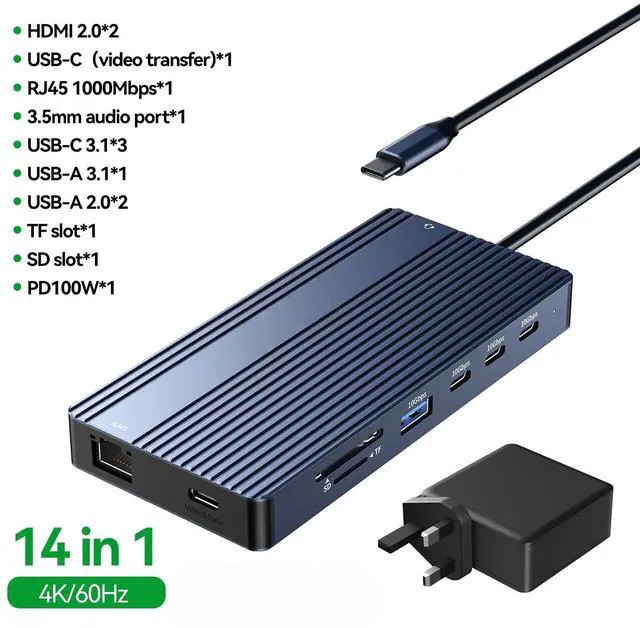 Main image of 14 in 1 USB-C Docking Station Triple Display 4K60Hz Video Output DP PD100W 10Gbps Hub for Type-C Laptop Laptop Workstation Setup
