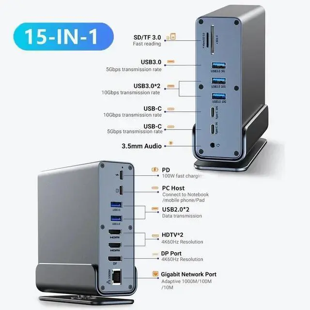 Main image of 15 in 1 USB C Docking Station 4K HD Vertical Hub with Triple Monitor RJ45 1000M,USB 3.0/2.0,PD,SD/TF,Audio 3.5 for Laptop PC