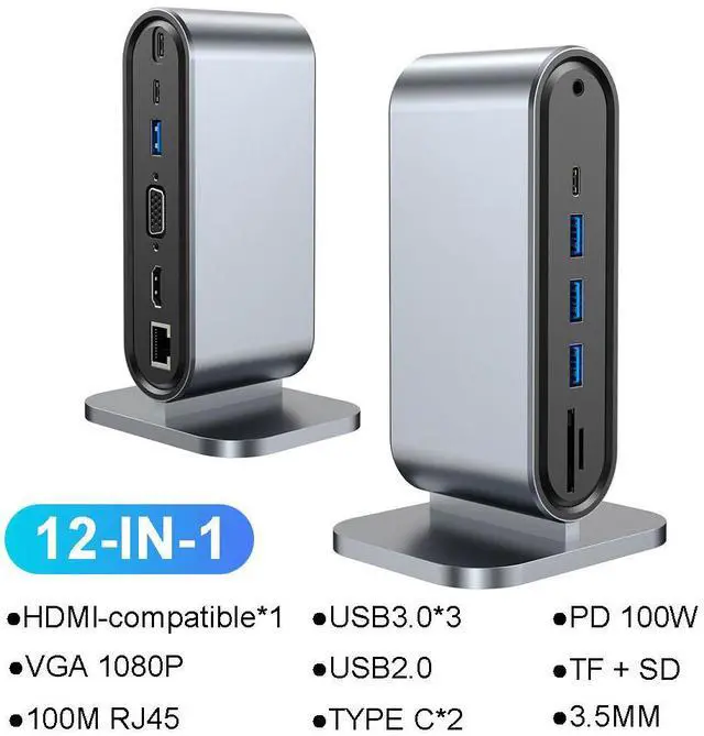 Main image of 12-in-1 USB C Docking Station TYPE C to Video Output Adapter 4K HD PD 100W VGA RJ45 3.5mm SD TF USB 3.0 Splitter for Laptop Type-C Laptop