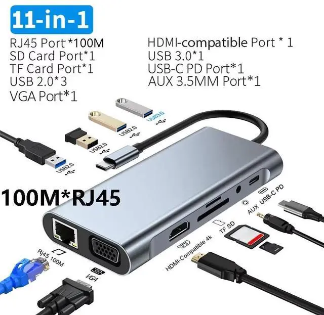 Main image of USB C Hub Triple Display Dual Monitor Adapter Laptop Hub USB C to 2 Video Output 4K VGA Ethernet 100W PD 4USB Audio for Type-C Laptop OTG