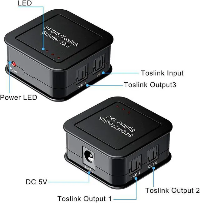 Alt view image 3 of 6 - SPDIF/Toslink Digital Optical Audio Splitter 1x3, Optical Audio 1X3 Splitter, Support Dolby Digital & DTS 5.1 for PS3, Xbox, Blue-Ray DVD, HDTV,TV Box(1 Input 3 Output)