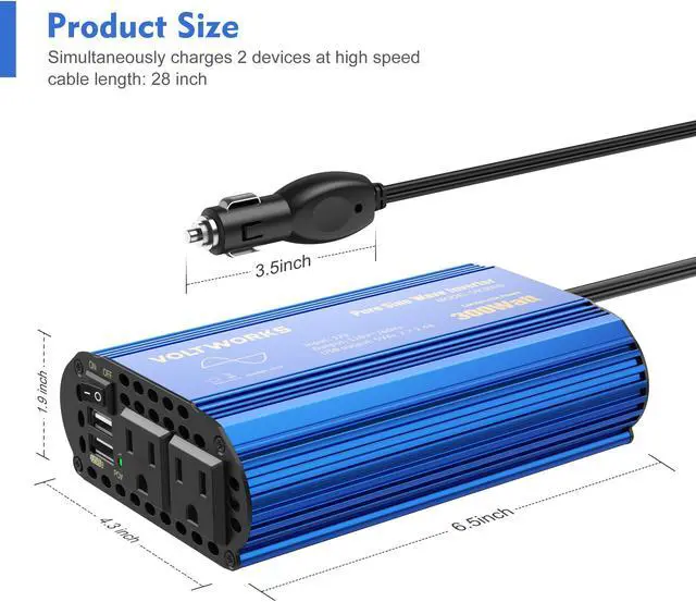 Alt view image 4 of 7 - 300W Pure Sine Wave Power Inverter for Car Truck RV Adapter DC 12V to AC 110V 120V with 2x2.4A DUAL USB Port & AC Outlets by VOLTWORKS