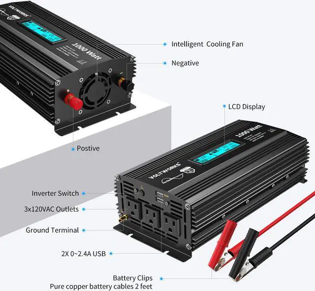 Alt view image 5 of 7 - Pure Sine Wave 1000 Watt Power Inverter DC 12v to AC 110V-120V 1000W with LCD Display and 2.4A Dual USB Ports 3 AC Outlets for Home RV Truck[3 Years Warranty] by VOLTWORKS