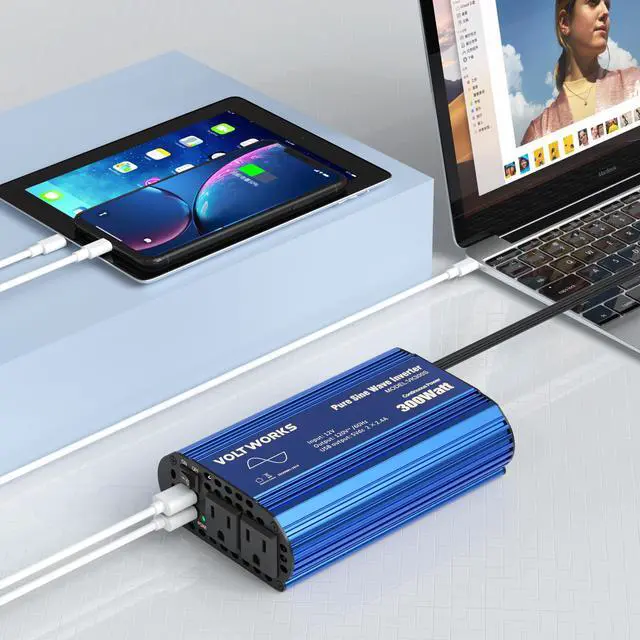 Alt view image 7 of 7 - 300W Pure Sine Wave Power Inverter for Car Truck RV Adapter DC 12V to AC 110V 120V with 2x2.4A DUAL USB Port & AC Outlets by VOLTWORKS