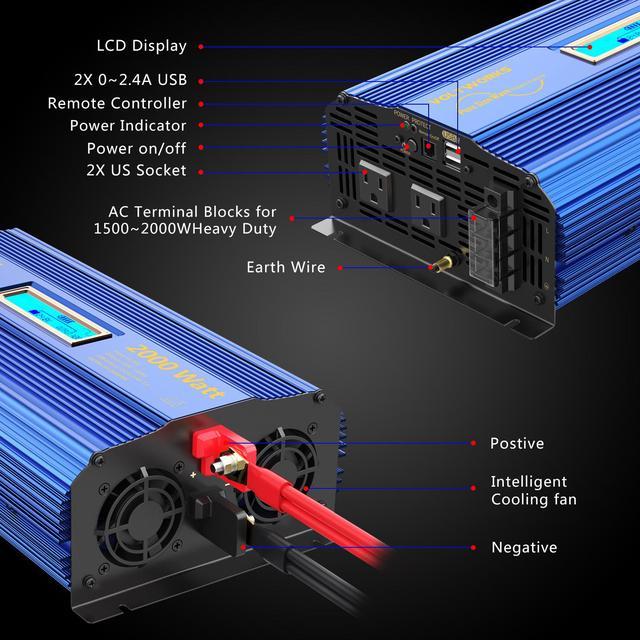 VOLTWORKS 24 Volt 2000W Pure Sine Wave Power Inverter DC 24V to AC 110V 120V  and Hardwire Block with LCD display Remote Controller and Battery Cables  DUAL 2.4A USB for Charging RV
