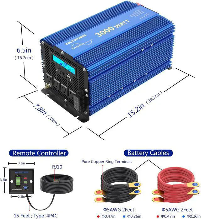 Alt view image 7 of 8 - 3000 Watt Pure Sine Wave Power Inverter 3000w 12V DC to 110V 120V AC with Remote Controller & LCD Display 4 AC Outlets Dual 2.4A USB Ports and 1 AC Terminal Block by VOLTWORKS