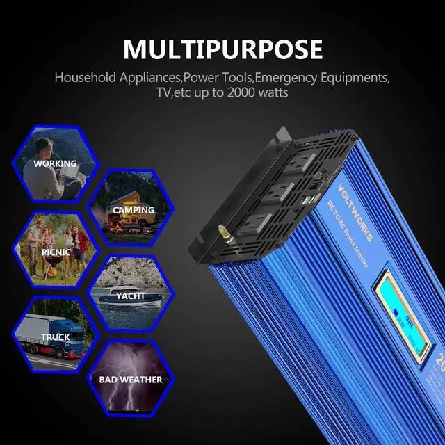 Alt view image 7 of 7 - Power Inverter 2000w DC 12V to AC 120V Modified Sine Wave Inverter with LCD Display Remote Control 3AC Outlets Dual 2.4A USB Ports for Car RV Truck Boat by VOLTWORKS