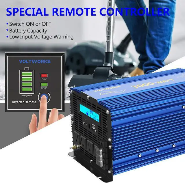 Alt view image 5 of 8 - 3000 Watt Pure Sine Wave Power Inverter 3000w 12V DC to 110V 120V AC with Remote Controller & LCD Display 4 AC Outlets Dual 2.4A USB Ports and 1 AC Terminal Block by VOLTWORKS