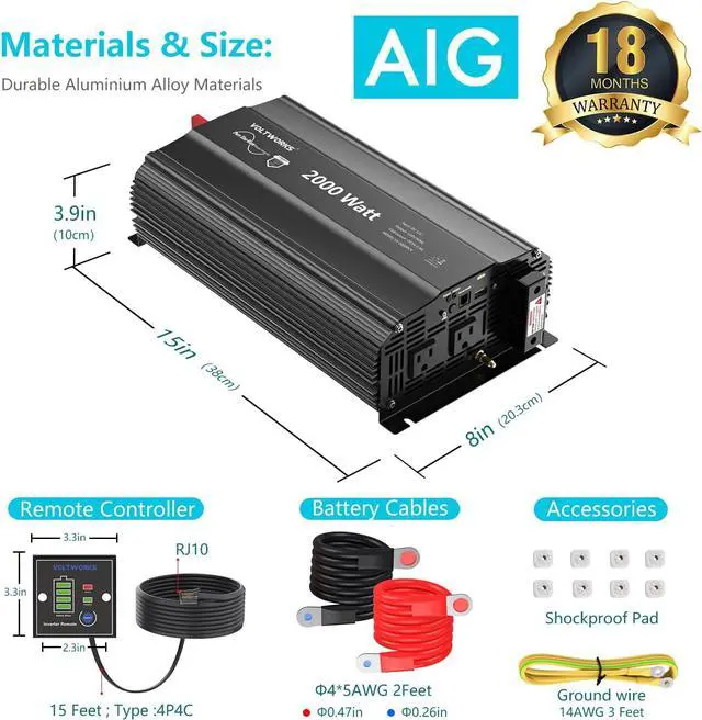 Alt view image 2 of 7 - Power Inverter 2000Watt Pure Sine Wave Inverter DC 12v to AC 110V-120V with Remote Controller and 2.4A USB Port 2 AC Outlets and hardwire Terminal for Home RV Truck by VOLTWORKS