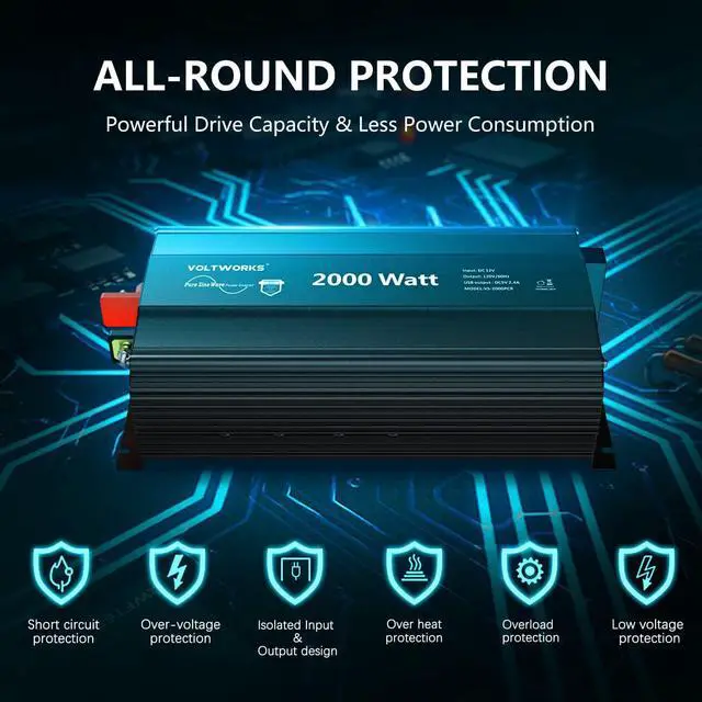 Alt view image 4 of 7 - Power Inverter 2000Watt Pure Sine Wave Inverter DC 12v to AC 110V-120V with Remote Controller and 2.4A USB Port 2 AC Outlets and hardwire Terminal for Home RV Truck by VOLTWORKS