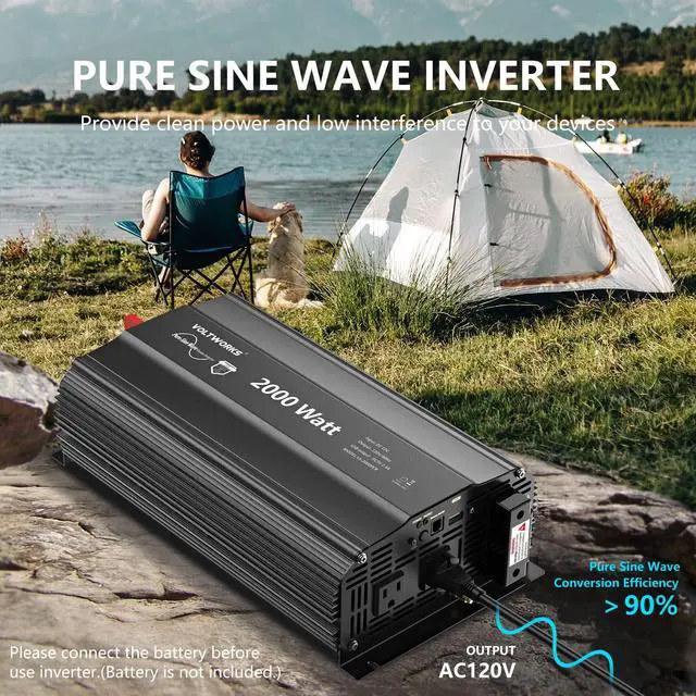Alt view image 5 of 7 - Power Inverter 2000Watt Pure Sine Wave Inverter DC 12v to AC 110V-120V with Remote Controller and 2.4A USB Port 2 AC Outlets and hardwire Terminal for Home RV Truck by VOLTWORKS