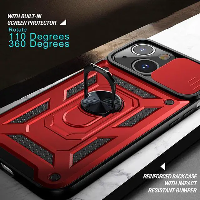 Alt view image 7 of 7 - Rugged Shockproof Heavy Duty Phone Case Armor Ring Stand for iPhone 13 Mini Pro Max(For iPhone 13 Mini, Red)